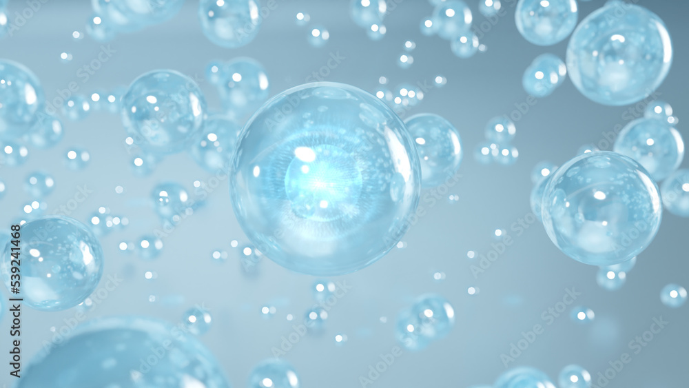 3D rendering Cosmetics Serum bubbles on defocus background. Miracle bubble design for cosmetics. Transparent balls, holographic liquid blobs floating in space, and artistic bubbles.