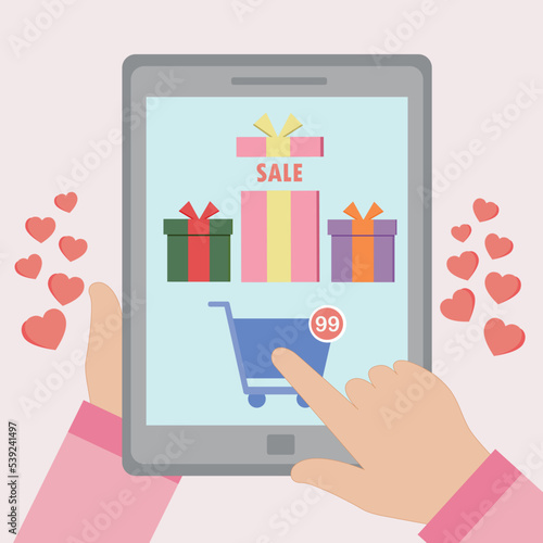 Vector woman or girl hand and tablet , finger touch online shopping cart at tablet for confirm to buy gift from online shop for online shopping banner sale ecommerce business.