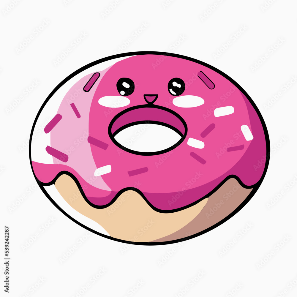 Kawaii donut illustration. Happy face vector design. Sweet doughnut dessert. Delicious bakery snack. Isolated pastry. Fun doodlge art. Colorful candy with icing. Kawaii donut illustration. Happy face vector design. Sweet doughnut dessert. Delicious bakery snack. Isolated pastry. Fun doodlge art. Colorful candy with icing.