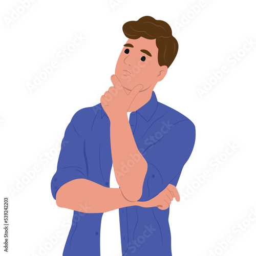Make choice, decision concept. A young man makes a choice, thinks, analyzing two options. Doubting, deciding, setting priorities.