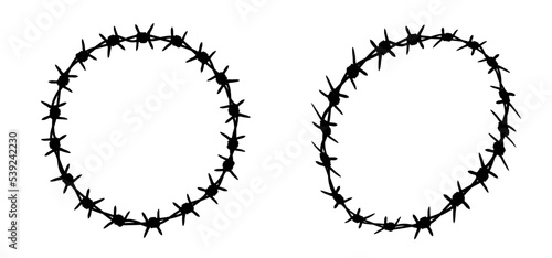 Cartoon round, circle, speed bubble or speech bubble and rusty barbed wire. Wired or wires sign. For freedom or repression. World refugee day, remembrance of slave trade and its abolition. Barbed icon