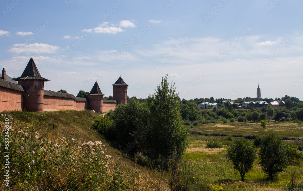 the Spaso-Evfimievsky monastery with a brick fortress wall on a hill and the Kamenka river on a green meadow among trees on a clear sunny summer day and a space for copying in Suzdal russia