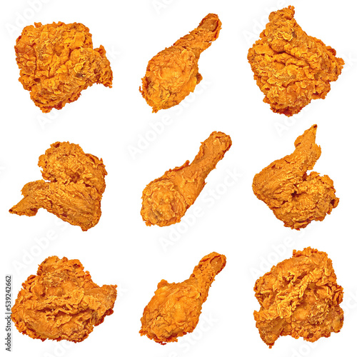 Collection of  Golden Brown Fried Chickens Isolated on White With a Top-down Angle Setup