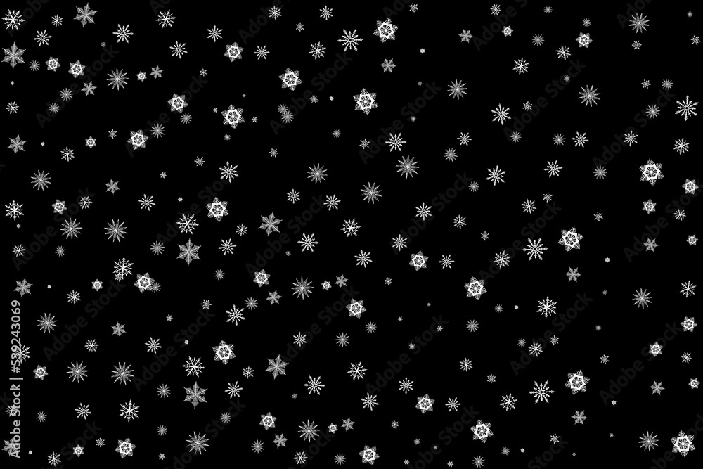 Pattern with snowflakes on a black background. Christmas and New Year backdrop. Winter overlay