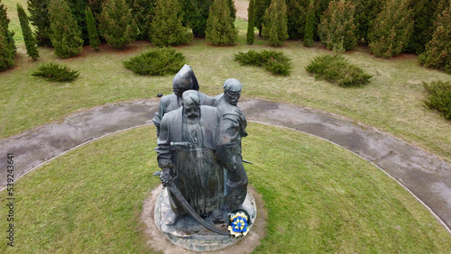 Monument to the dead Ukrainian Cossacks at the site of the Battle of Berestechko - view from a drone. Aerial footage of the monument to Ukrainian Cossacks in Berestechko, Ukraine - aerial footage photo