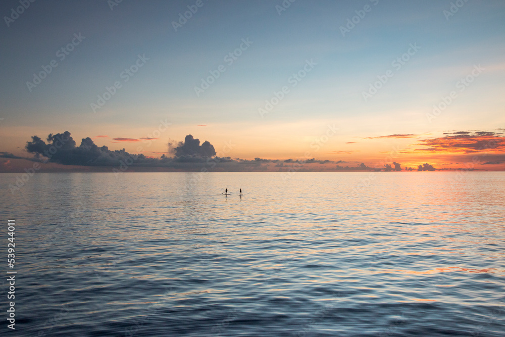 paddle board surfers at quiet sea with warm sunset colors