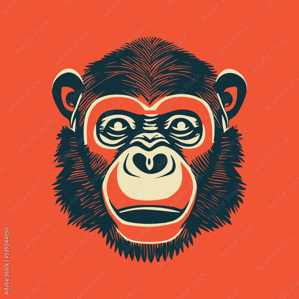 Monkey logo vector illustration. Logotype of wild animal face head. Cool grunge chimp badge. Insignia of primate. Emblem , graphic design. Hipster element. Gorilla creative modern head. Wild animal.