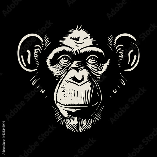 Monkey logo vector illustration. Logotype of wild animal face head. Cool grunge chimp badge. Insignia of primate. Emblem , graphic design. Hipster element. Gorilla creative modern head. Wild animal.
