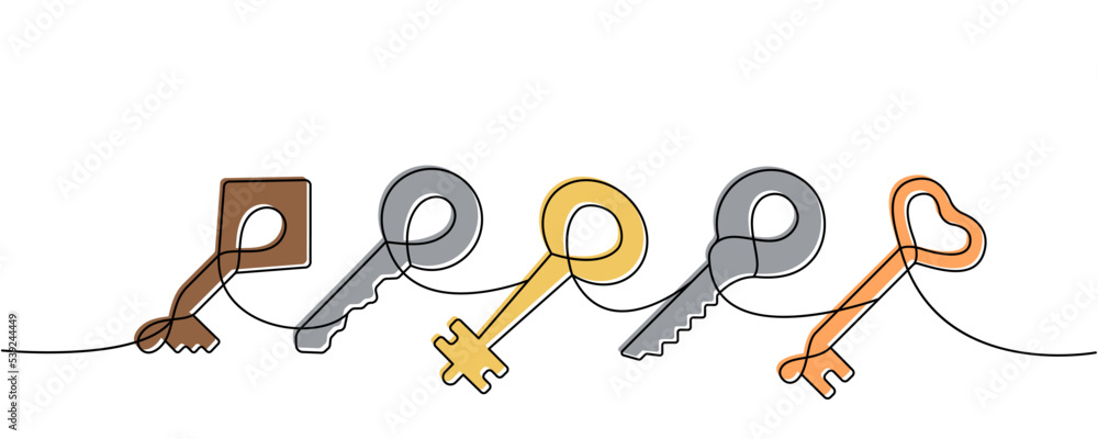 Set of Key one line colored continuous drawing. Home key continuous one line colorful set illustration. Vector minimalist linear illustration Set of Key one line colored continuous drawing. Home key continuous one line colorful set illustration. Vector minimalist linear illustration