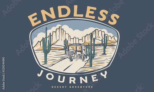 Desert journey vector Graphic. Desert vibes vector graphic print design for apparel, stickers, posters, background and others. Western road trip vintage artwork.