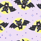 Halloween tile print with the bat and moon, Halloween seamless pattern