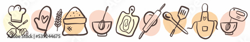 A collection of icons for bakeries and cooking with kitchen utensils hand-drawn in the style of a doodle.