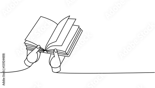 Hand with open book one line continuous drawing. Bookstore, library continuous one line illustration. Vector minimalist linear illustration.