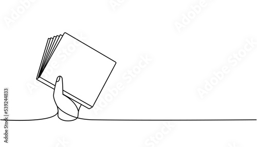 Hand with closed book one line continuous drawing. Bookstore, library continuous one line illustration. Vector minimalist linear illustration.