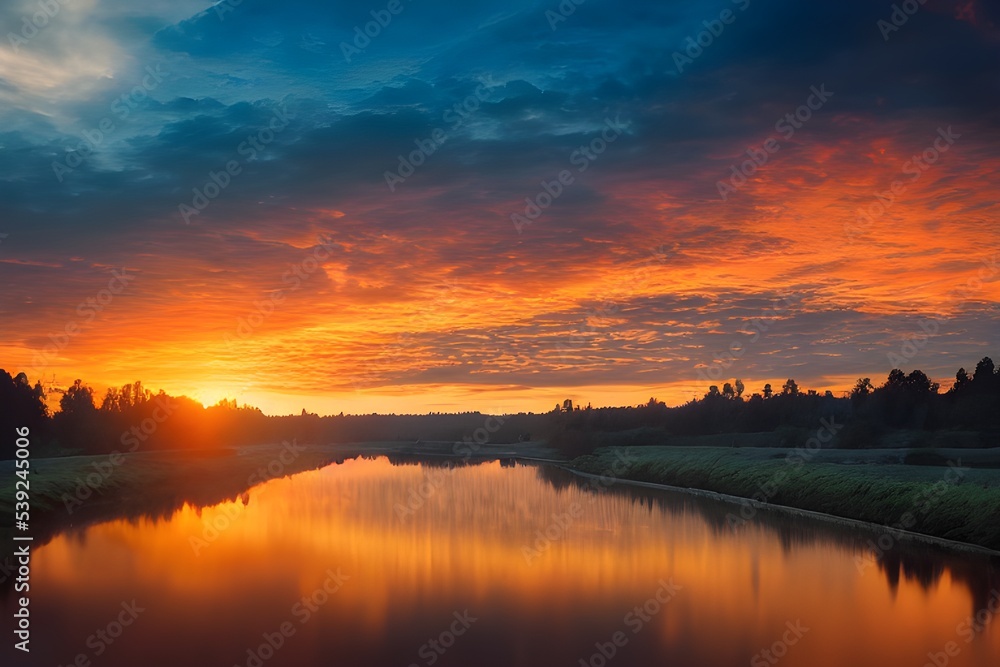Obraz premium A beautiful and tranquil sunset over a river.