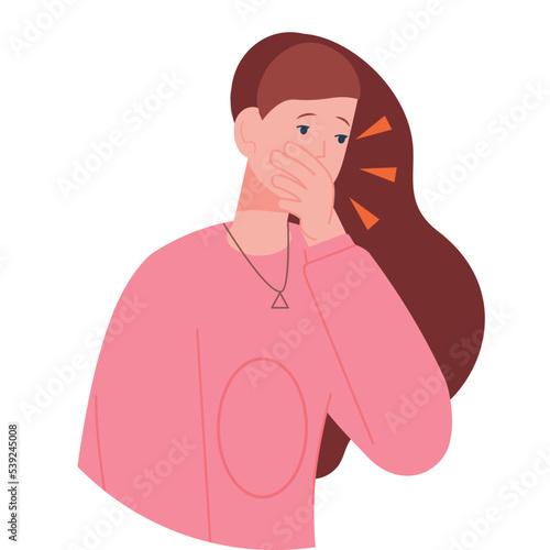 Nausea icon. Woman closing mouth with hand. Vomit suffering