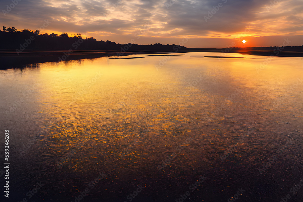 Obraz premium A beautiful and tranquil sunset over a river.