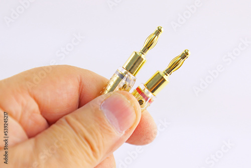 The hand holds audio connectors for connecting speakers on a white background.Soft focus.