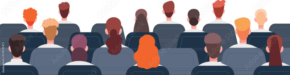 Audience back view. People sitting in chairs and listening Stock Vector
