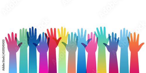 Set of hands raised up. Hands up of different colors. Teamwork, collaboration, voting, volunteering. Vector illustration