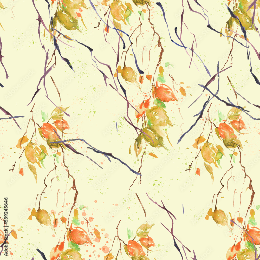 Watercolor seamless background with a pattern of leaves, abstract . Watercolor drawing, a branch of a birch, an apple-tree, a cherry, a poplar,linden, aspen with leaves. Watercolor abstract splash Watercolor seamless background with a pattern of leaves, abstract . Watercolor drawing, a branch of a birch, an apple-tree, a cherry, a poplar,linden, aspen with leaves. Watercolor abstract splash