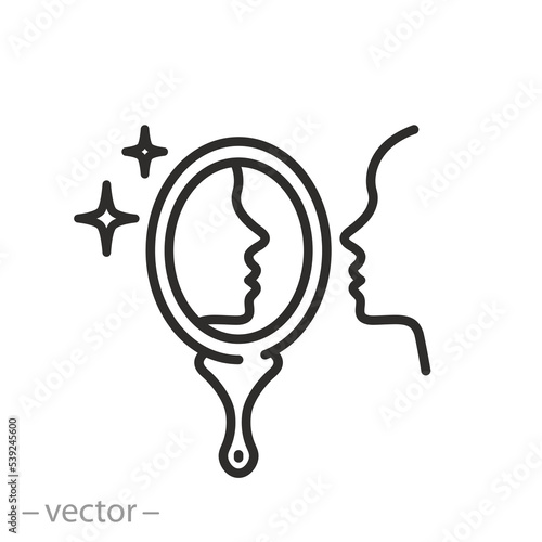 self awareness icon, mirror person reflect, personality consciousness,  thin line symbol on white background - editable stroke vector illustration eps10