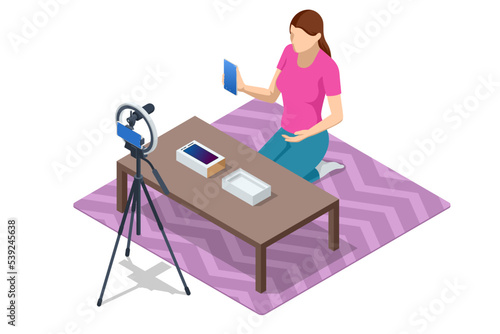 Isometric Female Vlogger Recording Broadcast At Home. Video Blogger Buying a New Smartphone