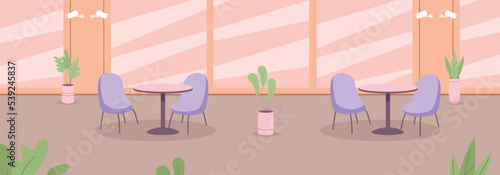 Cafe interior with tables and chairs. Empty cartoon scene background