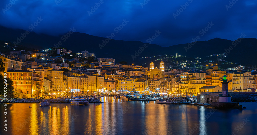 Old town and port of Bastia on Corsica at night