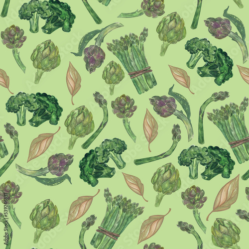 Watercolor vegetable seamless pattern useful greenery on a green background.