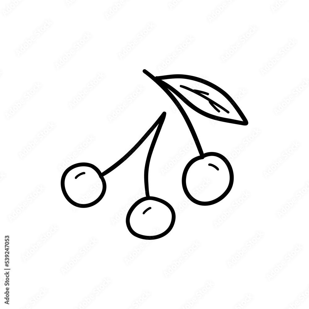 Three ripe cherries on a white background. Black and white vector isolated doodle illustration hand drawn. Healthy and tasty seasonal vitamin, summer berries. Card element Three ripe cherries on a white background. Black and white vector isolated doodle illustration hand drawn. Healthy and tasty seasonal vitamin, summer berries. Card element