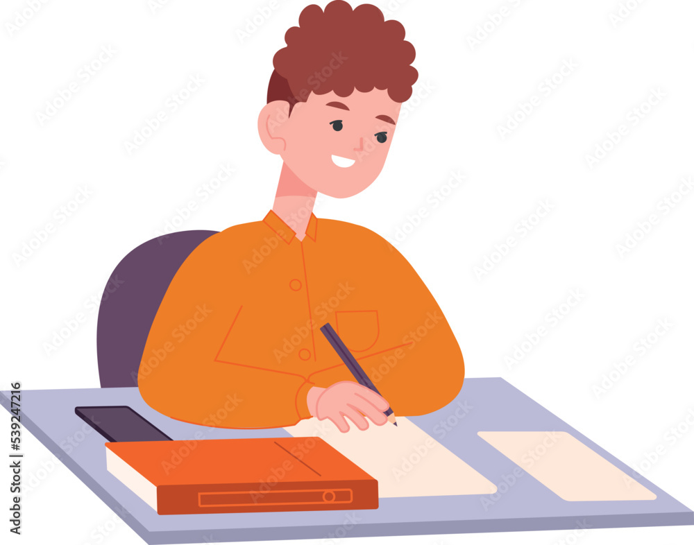 Boy doing homework at desk. Kid writing. Child studying Boy doing homework at desk. Kid writing. Child studying