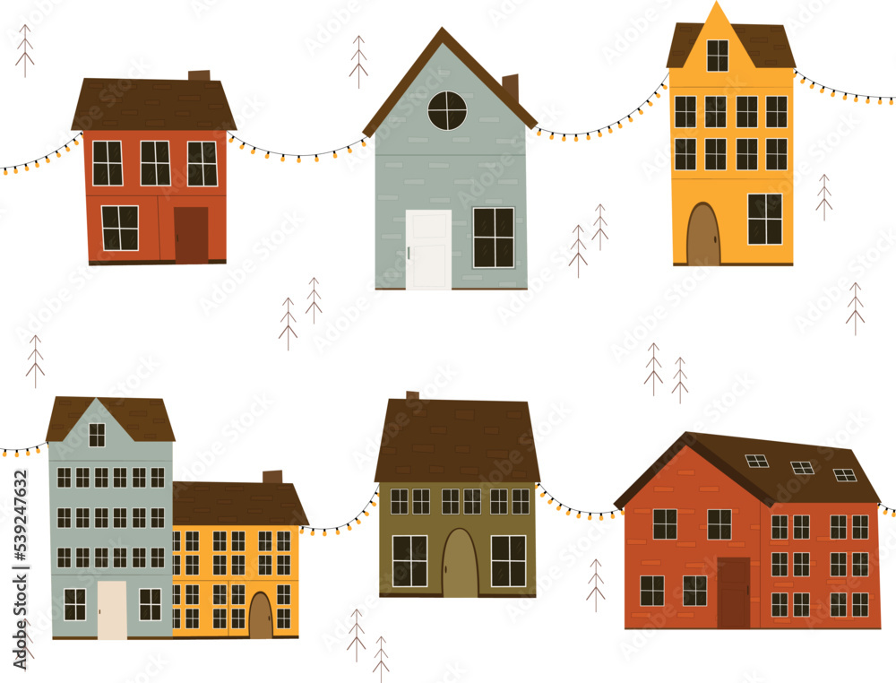 Colorful scandinavian houses with garlands and Christmas trees on a white background Colorful scandinavian houses with garlands and Christmas trees on a white background