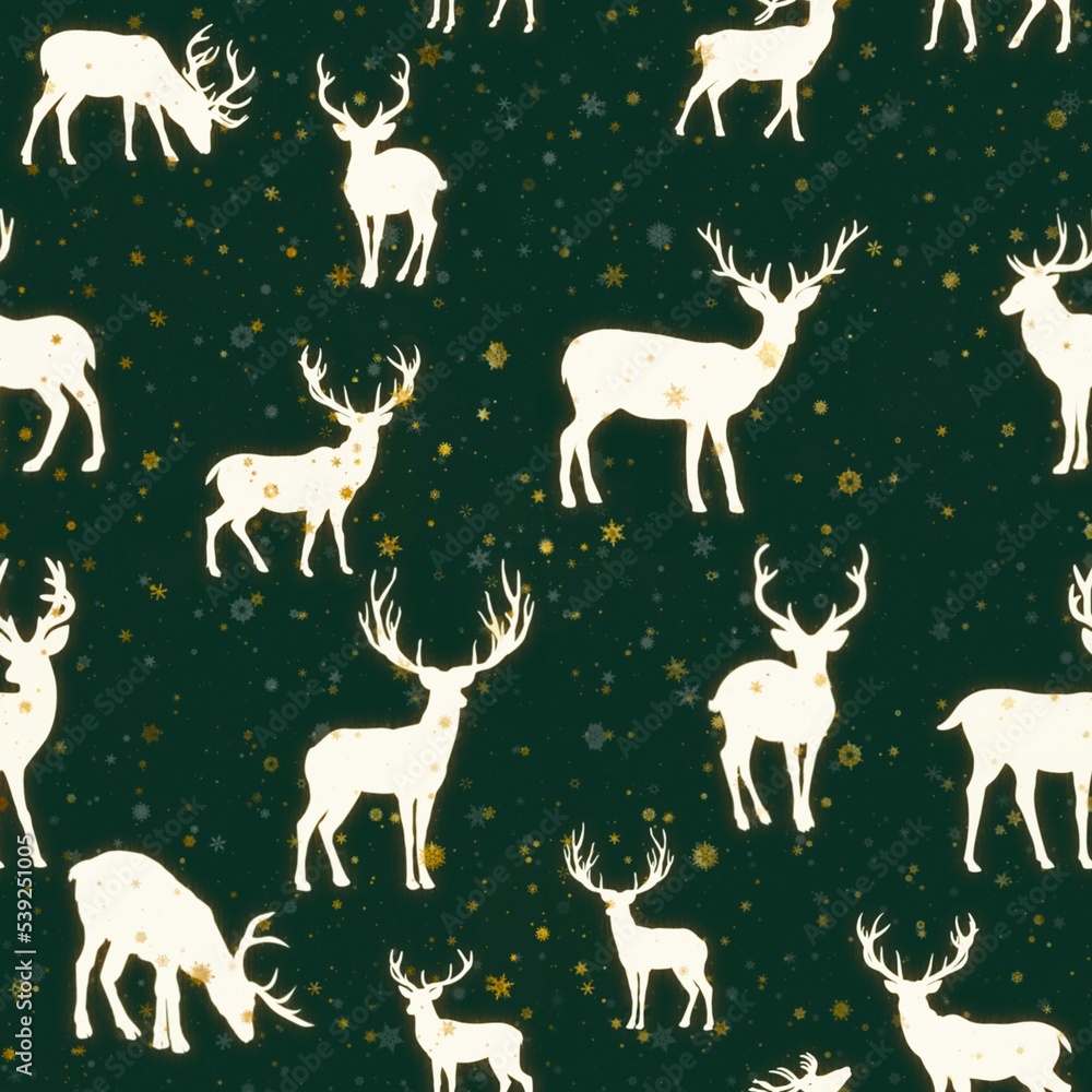 Fototapeta premium Handmade Seamless Christmas Pattern with Reindeer and gold Snowflakes on green background