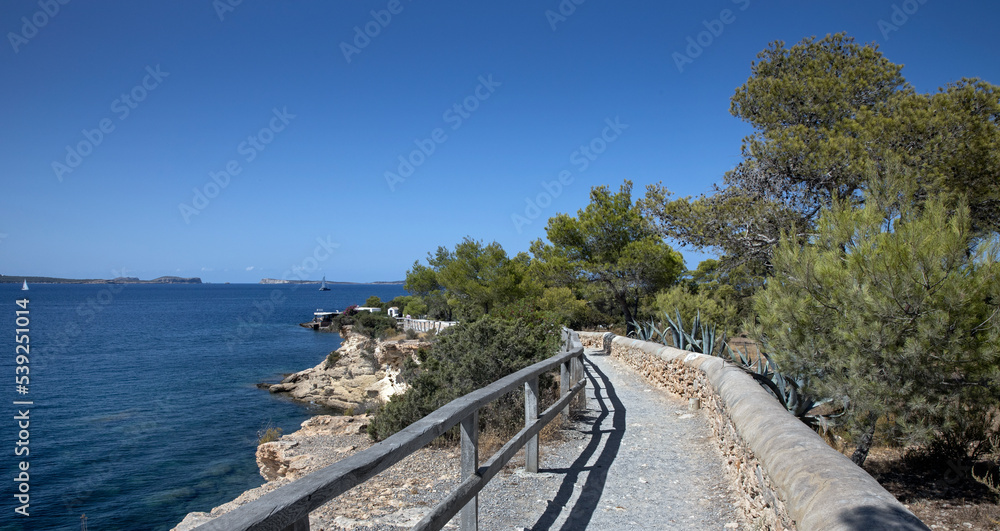 path, railing, rocks, rocky coast line, ssea, coast, ant antoni, ibiza, mediterranean, ballears, ibiza, spain, 