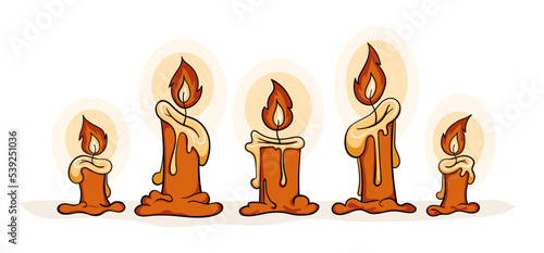 Set of burning candles in cartoon style. Cute yellow candles isolated on white background.