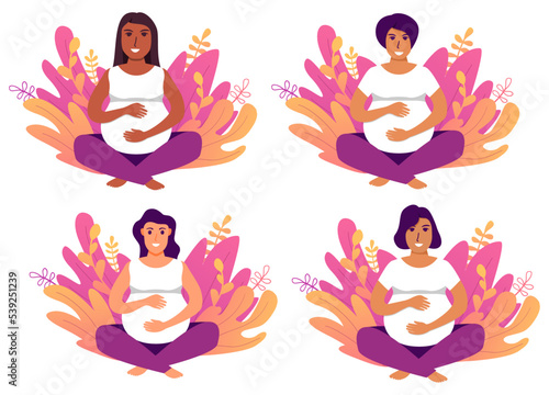 African american pregnant woman makes yoga.Concept for yoga character meditation.Lotus pose girl.Isolated on white background. Vector flat illustration.