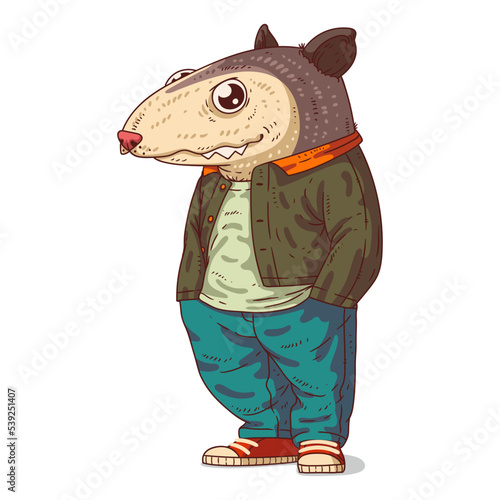 An Urban Guy, isolated vector illustration. Casually dressed opossum person. A possum with a human body on white background. Drawn animal sticker art. Calm opossum character watching something.