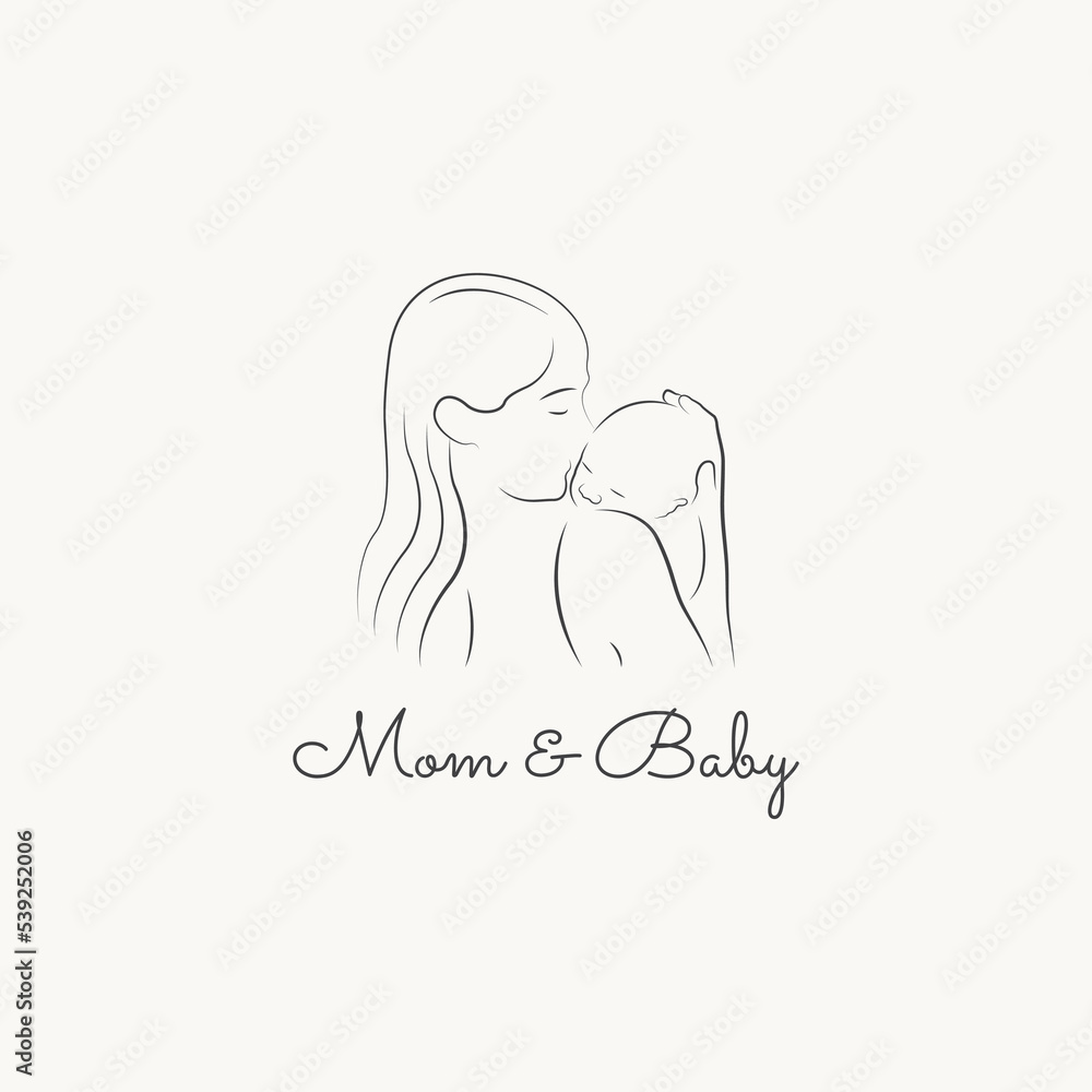 mother and baby stylized vector symbol, mom hugs her child logo template