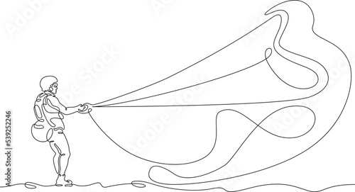 One continuous line. Paraglider with a paraglider. Extreme sport. Paraglider before takeoff. Paragliding wing. Parapleneism. One continuous line is drawn on a white background.