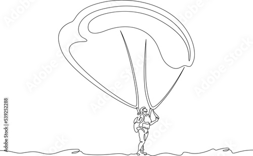 One continuous line. Paraglider with a paraglider. Extreme sport. Paraglider before takeoff. Paragliding wing. Parapleneism. One continuous line is drawn on a white background.