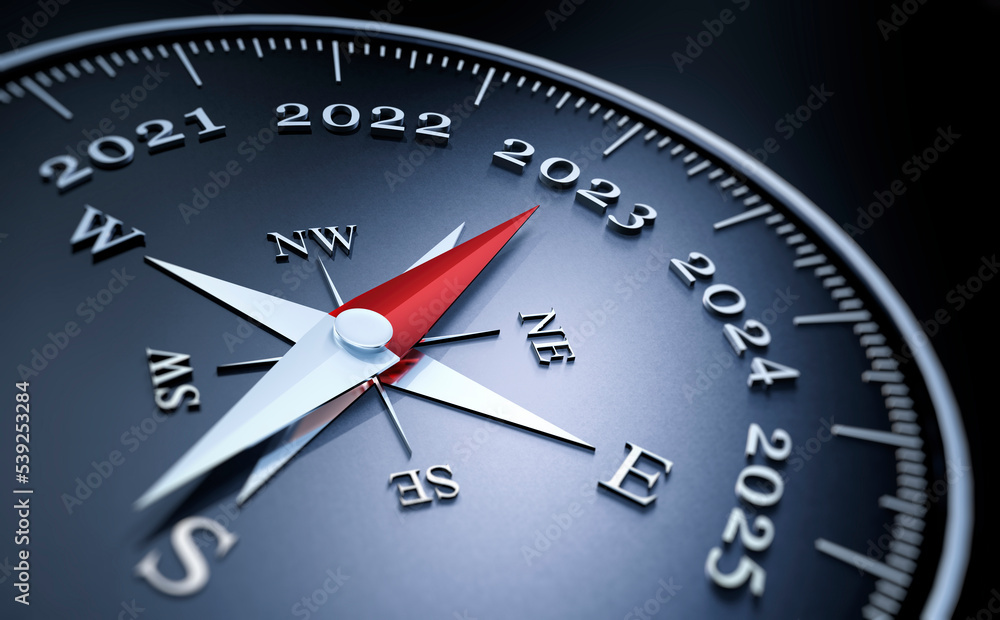 Dark compass with needle pointing at the number 2023 - 3D illustration Dark compass with needle pointing at the number 2023 - 3D illustration