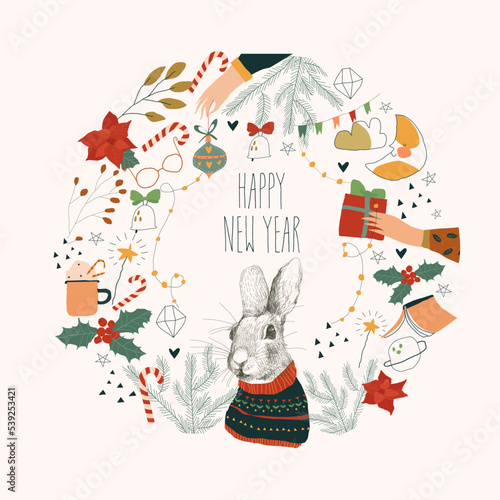 Christmas Wreath with Rabbit and Holiday Elements