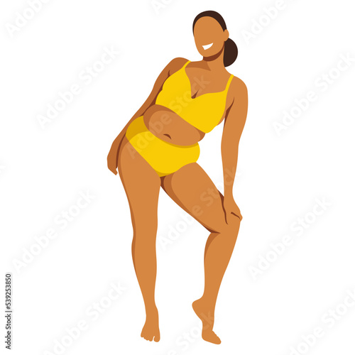 vector image on the theme of body positivity. a young curvy plump girl stands and is not shy about her fat folds at the waist. isolated on white background. love and accept your body. love yourself.