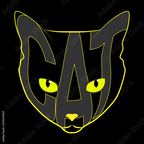 Vector cat logo. The inscription of the word cat. Cat lines on a black background.