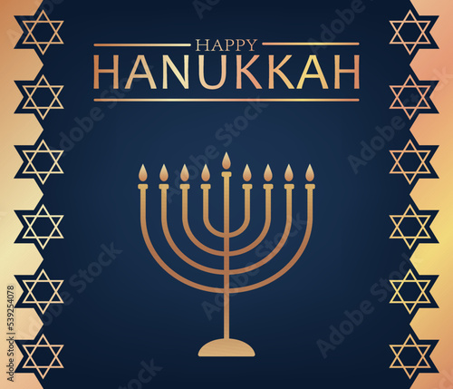 Celebration card with golden text Happy Hanukkah, chandelier with nine candles and star of David on the blue background for Hanukkah Jewish holiday. Luxury design for banner, wallpaper, sign, poster.