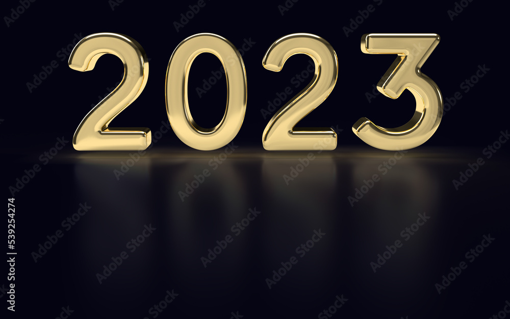 Gold numbers 2023 in elegant style with reflection. Realistic 3d sign. New Year event symbol. 3d render illustration on a dark blue background. Gold numbers 2023 in elegant style with reflection. Realistic 3d sign. New Year event symbol. 3d render illustration on a dark blue background.
