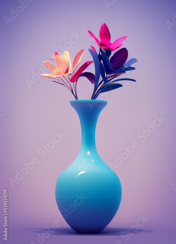 Colorful flower bouquet, minimalist vase, 3d illustration