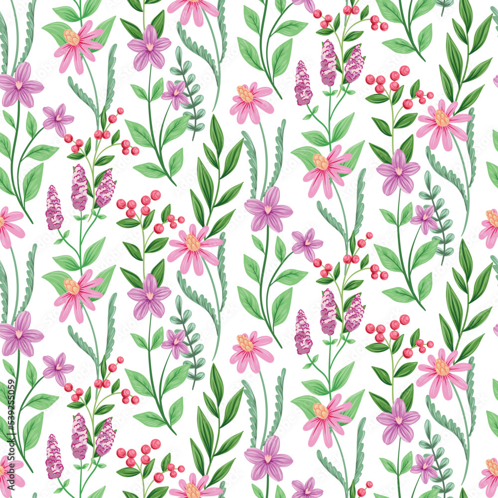 Seamless floral pattern, romantic botanical print with a gentle spring garden on a white background. Delicate flower design with hand drawn wild plant: flowers, leaves. Vector floral illustration. Seamless floral pattern, romantic botanical print with a gentle spring garden on a white background. Delicate flower design with hand drawn wild plant: flowers, leaves. Vector floral illustration.