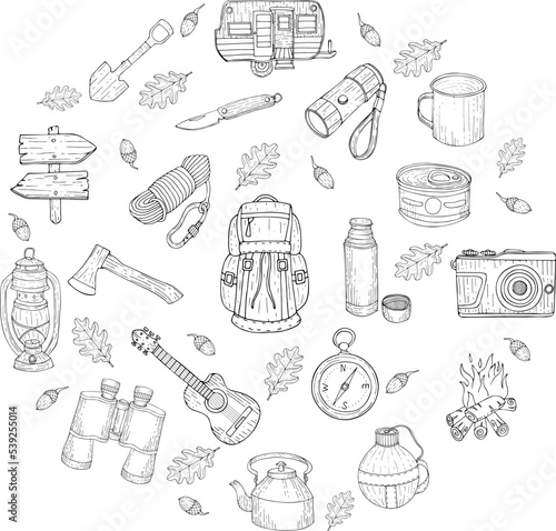 Camping doodle set. Vector sketch illustration. Travel items.
